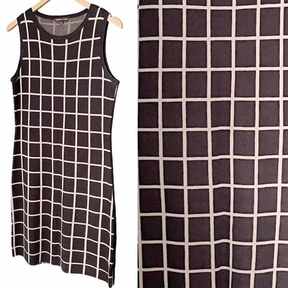 Adrienne Vittadini Sweater Knit Dress Gray Cream Windowpane Plaid Size Medium - Picture 1 of 11